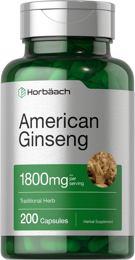 Horbäach American Ginseng Capsules | 200 Pills | Panax Quinquefolius Root | Non-GMO, Gluten Free Supplement
