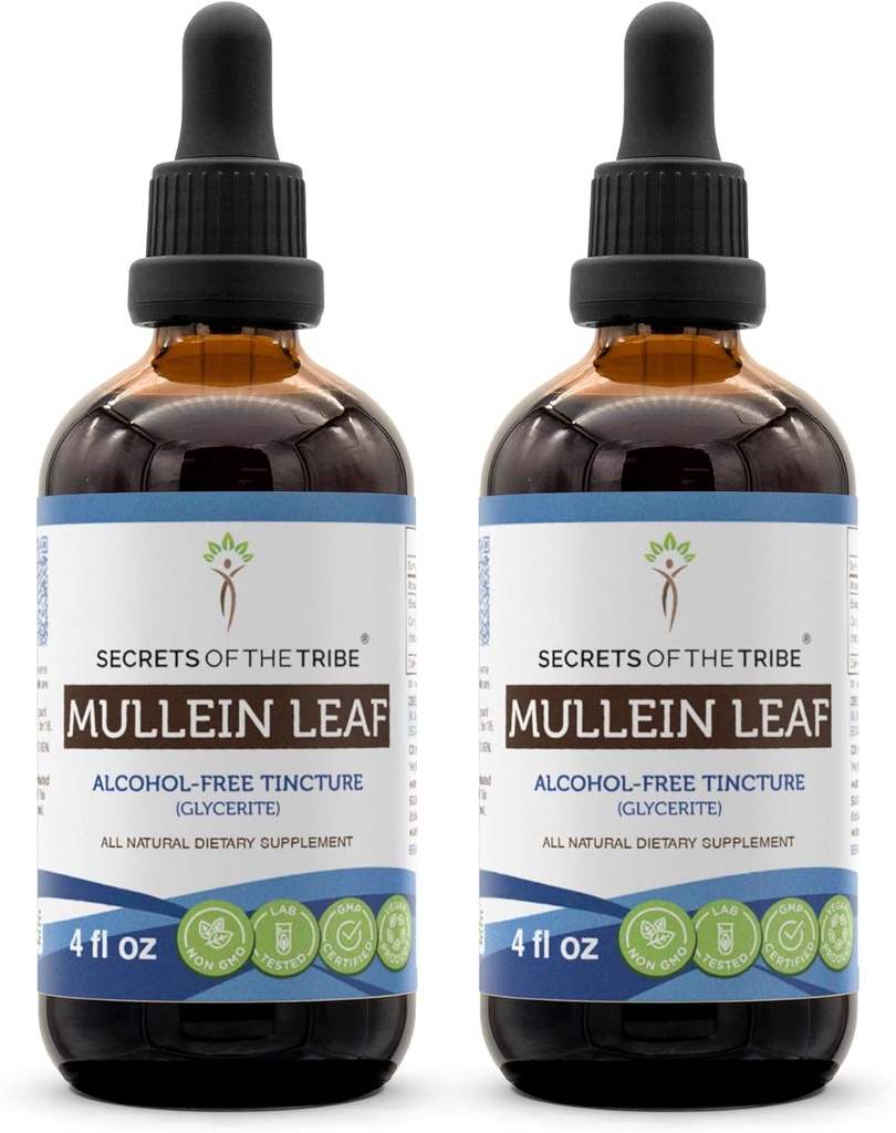 Secrets of the Tribe Mullein Leaf Alcohol-Free Liquid Extract, Mullein (Verbascum thapsus) Timcture Supplement (2x4 FL OZ)