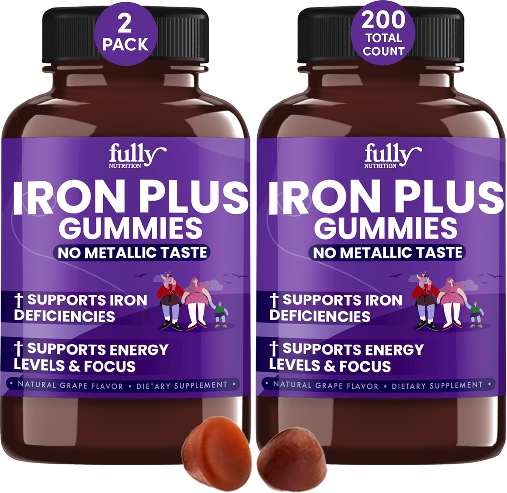 Iron Gummies Συμπληρώματα για ενήλικες (Γυναίκες, Άνδρες) και παιδιά – Grape Flavor- Υποστηρίζει την αναιμία, την ενέργεια και τα επίπεδα εστίασης – 200 Count