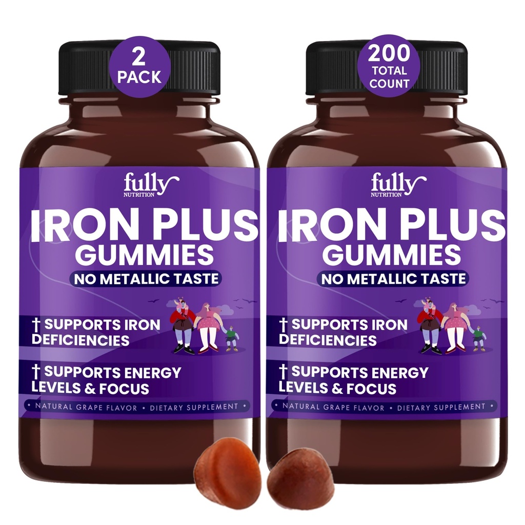 Iron Gummies Συμπληρώματα για ενήλικες (Γυναίκες, Άνδρες) και παιδιά – Grape Flavor- Υποστηρίζει την αναιμία, την ενέργεια και τα επίπεδα εστίασης – 200 Count