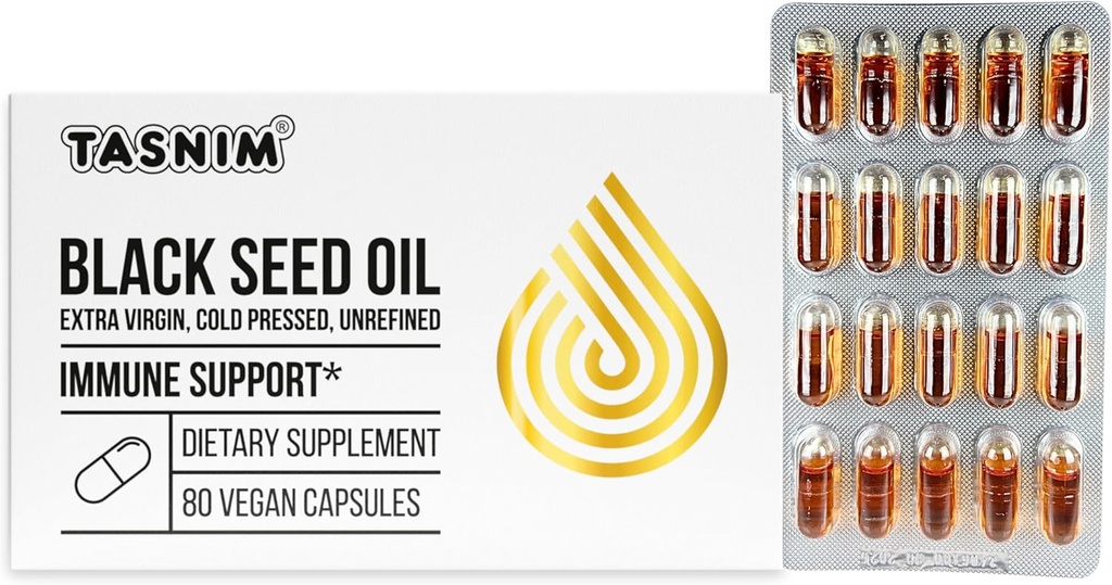 Tasnim Μαύρο Έλαιο Σπέρματος Βιολογικό κρύο Πιέζονται κάψουλες 100% Αμιγής κρύο-Pressed Μαύρο Λάδι Σπέρματος Nigella Sativa για ανοσοποιητική υποστήριξη, κοινή άνεση και ζωτικότητα