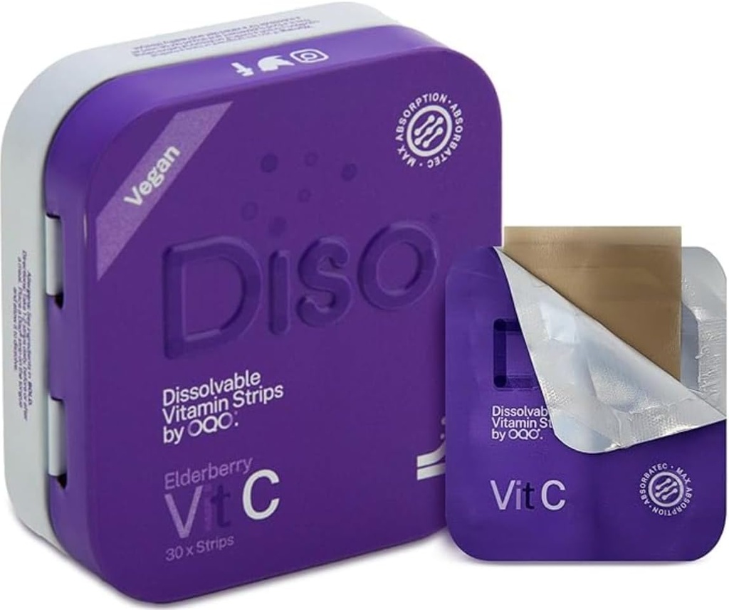 DISO - Βιταμίνη C - Γρήγορες Διαλύοντας στοματικές ταινίες, Γεύσεις από Γέραντα, Ενισχύει την Ανοσία, Vegan, Zero Ζάχαρη, Μέγιστη Απορρόφηση, Χωρίς Γλουτένη, Ατομικά Στριφτά, 30 Διαλυτές Λωρίδες