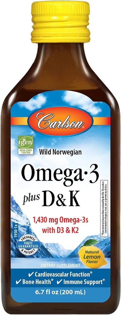 Carlson - Omega-3 + D & K, 1430 mg ωμέγα-3s, 2000 IU (50 mcg) D3, 90 mcg K2 ως MK-7, Heart Health, Bone Support, Lemon, 200 mL