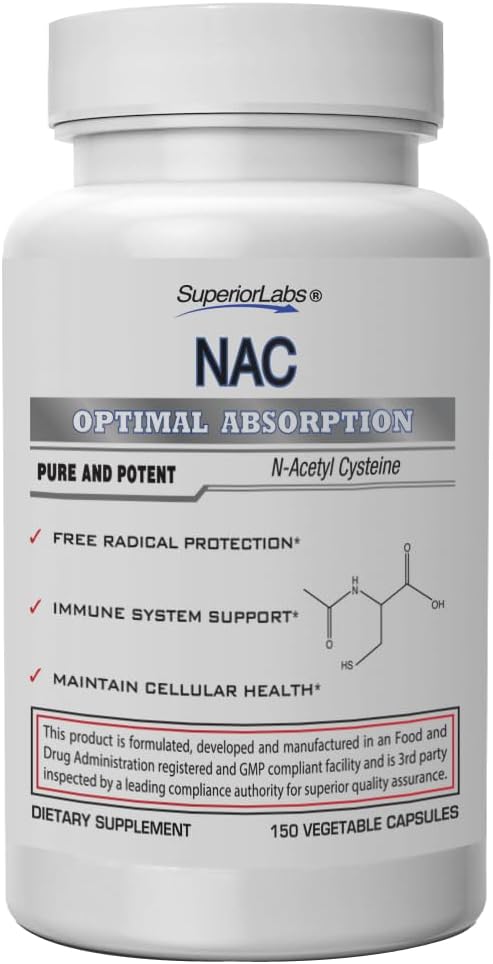 Superior Labs NAC (N-Acetyl Cysteine) 1.200mg, 150 κάψουλες λαχανικών, Συμπλήρωμα διατροφής με Σελήνιο, Ελεύθερη Ριζοσπαστική Προστασία, Κανονική λειτουργία ανοσοποιητικού συστήματος, Διατηρεί την Κυτταρική Υγεία