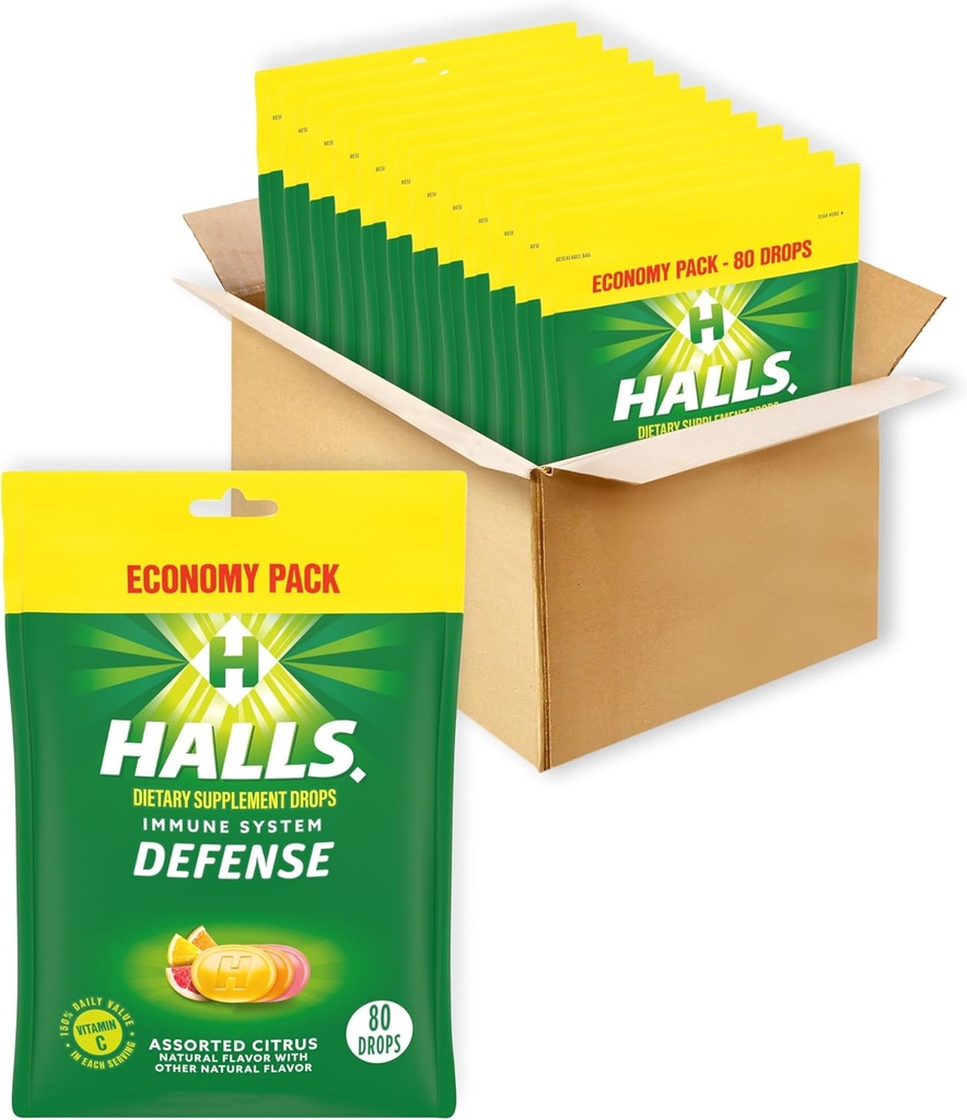 HALLS Άμυνα Ποικίλες σταγόνες Citrus Vitamin C, Dietary Supplement Drops, Economy Pack, 12 Τσάντες (960 Σύνολο σταγόνες)