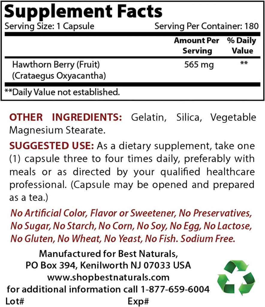 Best Naturals Berry Hawthorn 565 mg & Γλυκινικό μαγνήσιο 425 mg