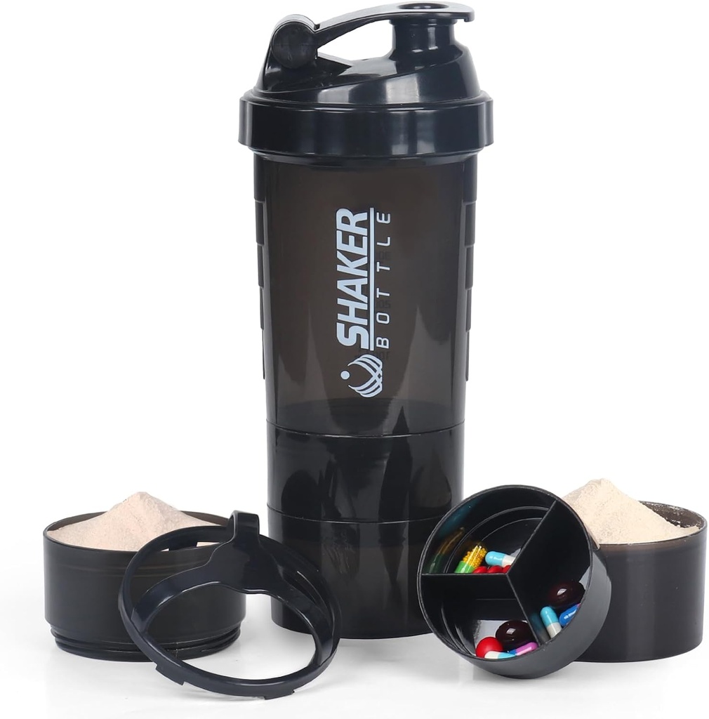 VECH Shaker Φιάλες για πρωτεϊνικά αναμειγνύει Αναδευτήρας Ανακατεύουμε Διαρροή Απόδειξη Νερού Μπουκάλι Non Slip 3 Στρώμα Twist Off 3 OZ με Χάπια Δίσκος για Αποθήκευση Πρωτεΐνη Σκόνη Shake Bottle 16 OZ Shake Cup (Μαύρο)