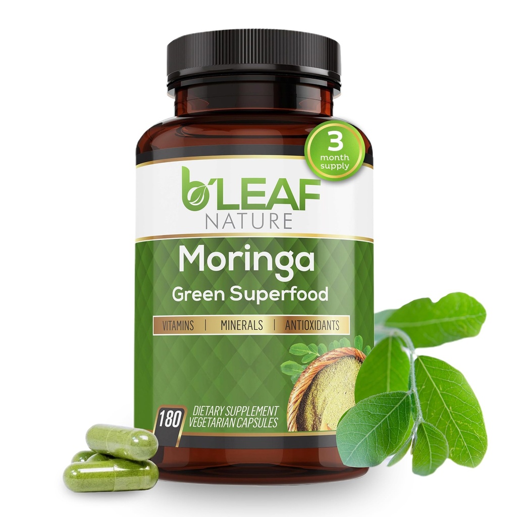 B'LEAF NATURE Βιολογικές κάψουλες Moringa 1000mg, 180 Count – Moringa Κάψουλες με οργανική σκόνη Olefeira για ανοσοποιητική υποστήριξη, ενέργεια & ισορροπία – Vegan, συμπληρώματα μη ΓΤΟ για καθημερινή ευεξία