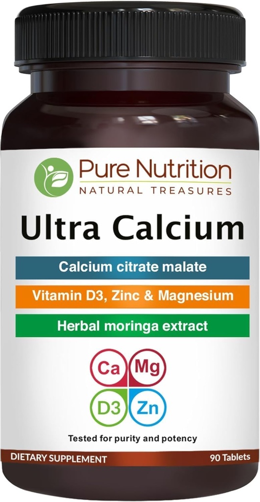 Pure Nutrition Ultra Calcium 1000mg with VIT D3 + K2 | 90 Tab | Highly absorbable Calcium Supplement with Calcium Citrate Malate, VIT D3, K2, Moringa Oleifera, Magnesium and Zinc.