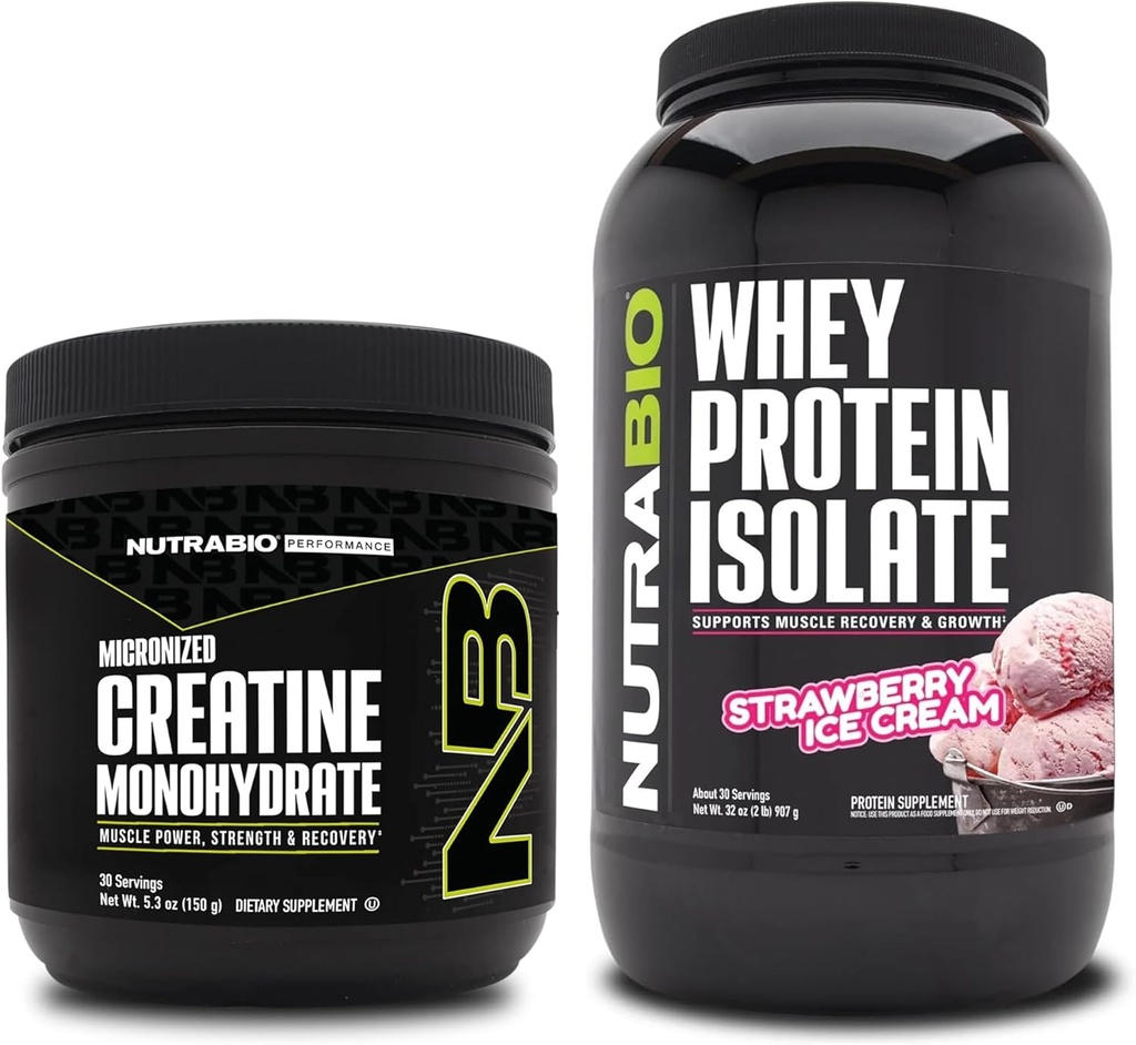 NutraBio Creatine Monohydrate, Unflavored, 150g και πρωτεΐνη Whey Isolate, παγωτό φράουλα, συμπλήρωμα Bundle - μυϊκή ενέργεια, Lean μυϊκή ανάπτυξη, ανάκτηση, και δύναμη