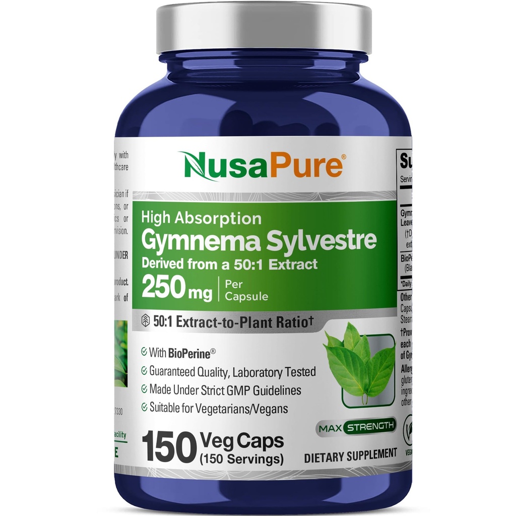 NusaPure Gymnema Sylvestre 50:1 Extract, 250 mg Ισοδύναμο με 12.500mg Per Vegan Caps - 150 Count (Non-GMO, Vegan, Bioperine)