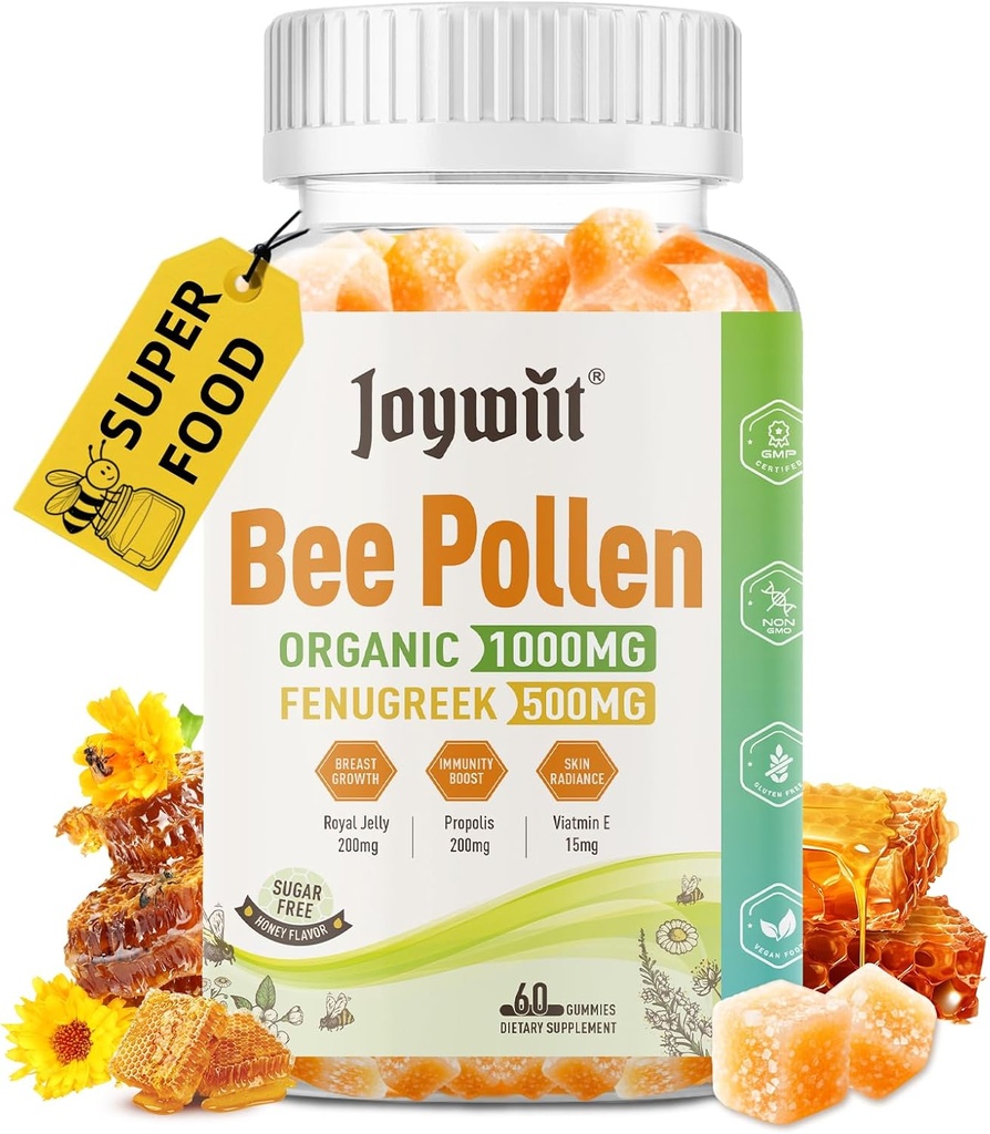 Bee Pollen 1000mg Sugar Free Gummies, w/Fenugreek, Royal Jelly, Propolis, Organic Bee Pollen Chewable Supplement for Women, Πλούσιο σε Βιταμίνη Ε, Ασυλία & Δερμάτινη Φροντίδα, 60 Counts