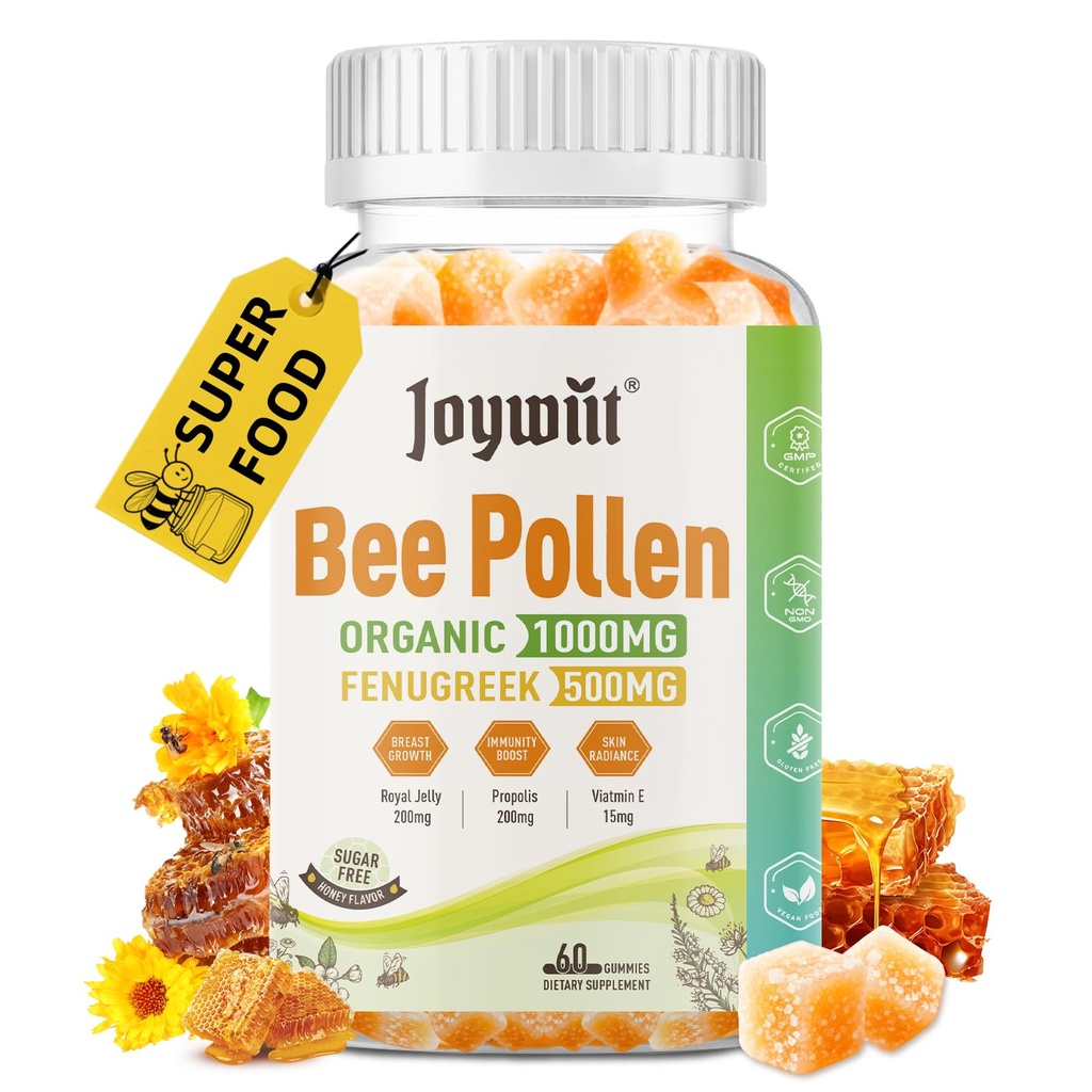 Bee Pollen 1000mg Sugar Free Gummies, w/Fenugreek, Royal Jelly, Propolis, Organic Bee Pollen Chewable Supplement for Women, Rich in Vitamin E, Immunity & Skin Care, 60 Counts