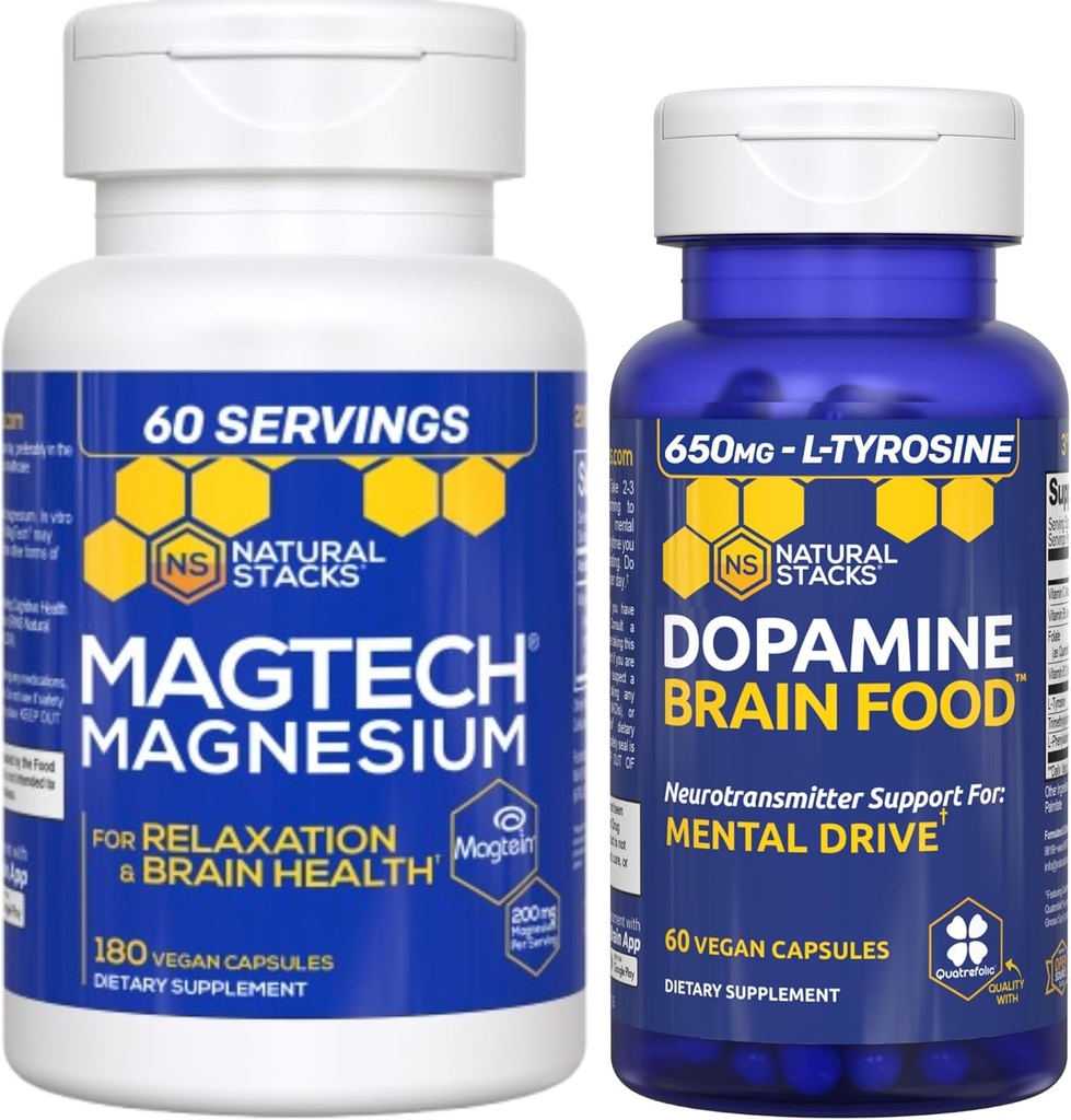 ΦΥΣΙΚΑ ΣΤΑΧΗΜΑΤΑ Dopamine Brain Food + Magtech Magnesium Supplement Bundle - Υποστηρίζει Focus, Relaxation & Memory* - 240 Total Capsles