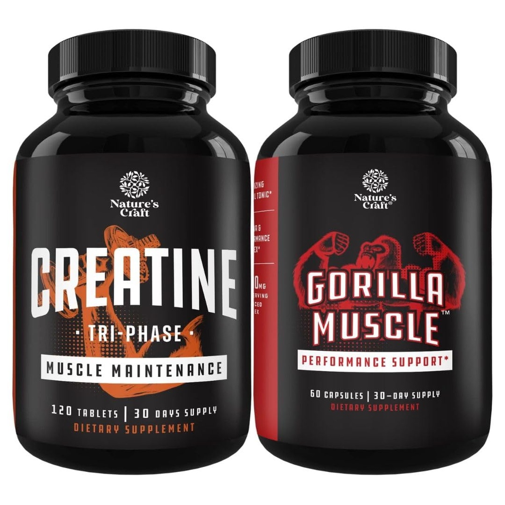 Πακέτο τρι φάσης χάπια Creatine 5g και επιπλέον ενισχυτής δοκιμής δύναμης για τους άνδρες - Μύες Gainer και την αποκατάσταση μυών Creatine HCL Pyruvate - φυσικό συμπλήρωμα ενέργειας με Horny κατσικίσιο ζιζάνιο