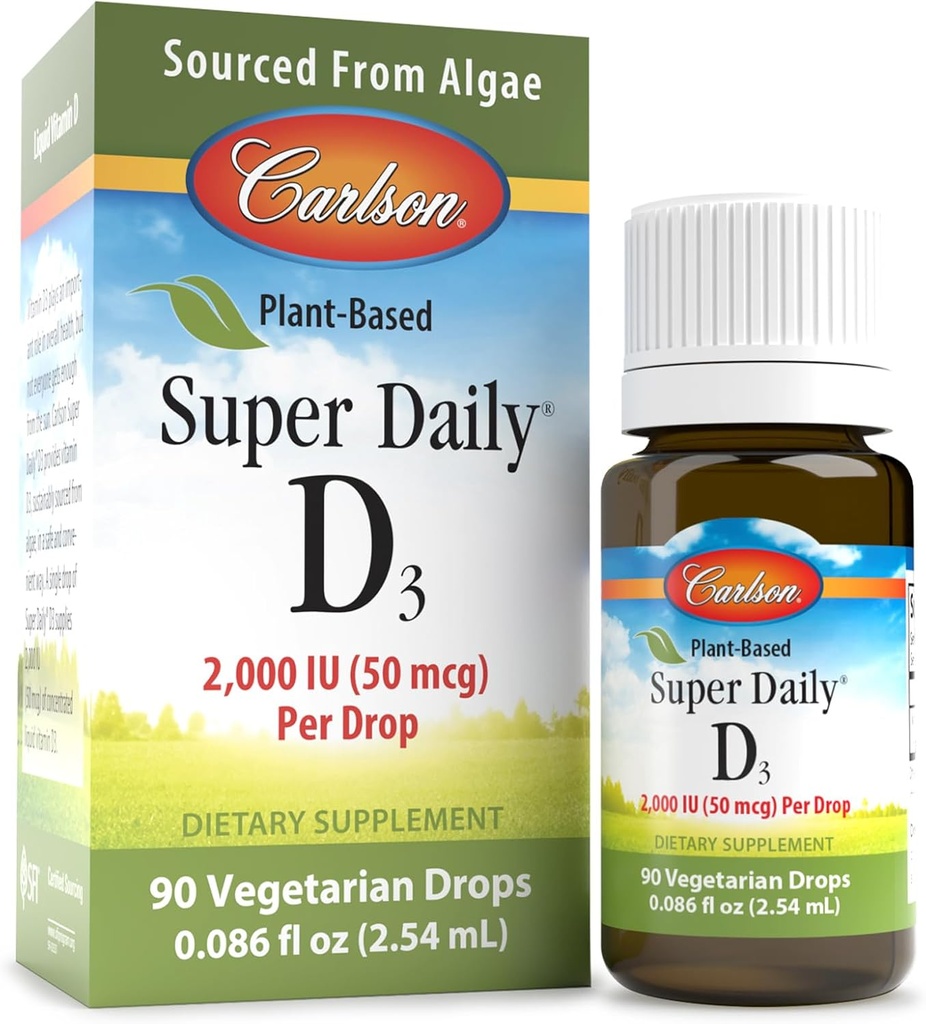 Carlson - Φυτική βάση Super Καθημερινή D3 2000 IU (50 mcg) ανά Σταγόνα, Χορτοφαγική Βιταμίνη D σταγόνες, Υγρή Βιταμίνη D3, που προέρχονται από Άλγη, Άγευστη, 90 σταγόνες (2,54 mL)