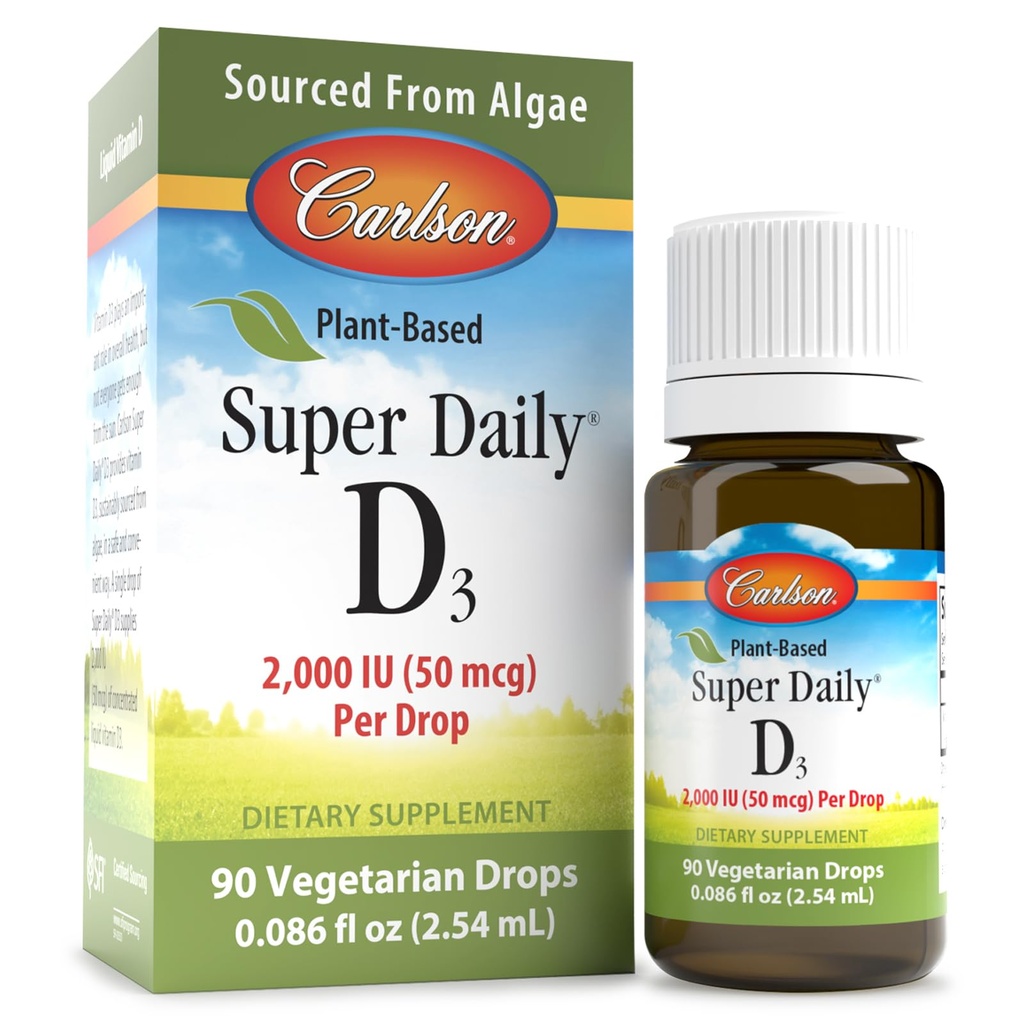 Carlson - Φυτική βάση Super Καθημερινή D3 2000 IU (50 mcg) ανά Σταγόνα, Χορτοφαγική Βιταμίνη D σταγόνες, Υγρή Βιταμίνη D3, που προέρχονται από Άλγη, Άγευστη, 90 σταγόνες (2,54 mL)