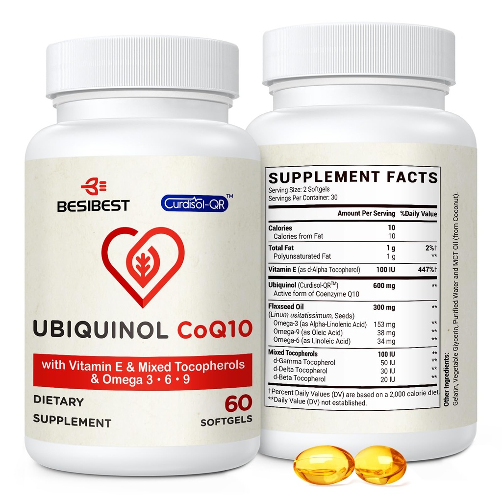 Besibest Ubiquinol CoQ10-600mg-Softgel, Active Coq10 Ubiquinol συμπλήρωμα με βιταμίνη E & Omega 3, 6, 9, Υψηλή Απορρόφηση-Συνένζυμο-Q10, Ισχυρό Αντιοξειδωτικό για την παραγωγή ενέργειας, Tested, 60 Count