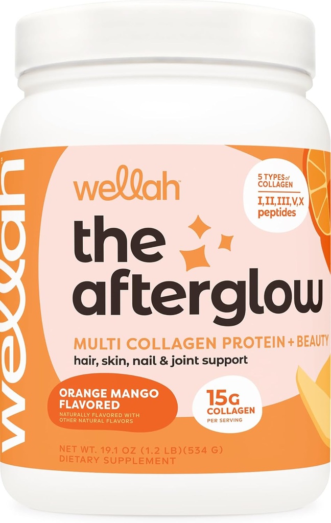 Wellah The Afterglow Multi Collagen Protein + Beauty (30 services, Orange Mango) - Hair, Skin, Nail & Joint Support - Μη ΓΤΟ και Χωρίς γλουτένη