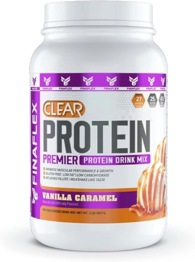 FINAFLEX Clear Protein, Vanilla Caramel - 2 lb - Προάγει τη μυϊκή απόδοση & ανάπτυξη - Milkshake-Like Γεύση - Χαμηλό υδατάνθρακες, χαμηλά λιπαρά & χωρίς γλουτένη - 27 Σερβιέτες