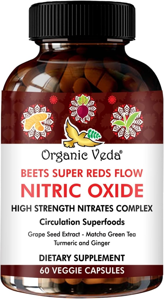 Organic Veda Beet Root Grape Seed & Red Spinach Nitric Oxide Capsules - Concentrated Beets Nitrates Supplements with Circulation Booster Green Tea Extract, Turmeric, Pomegranate - 60 Vegan Pills