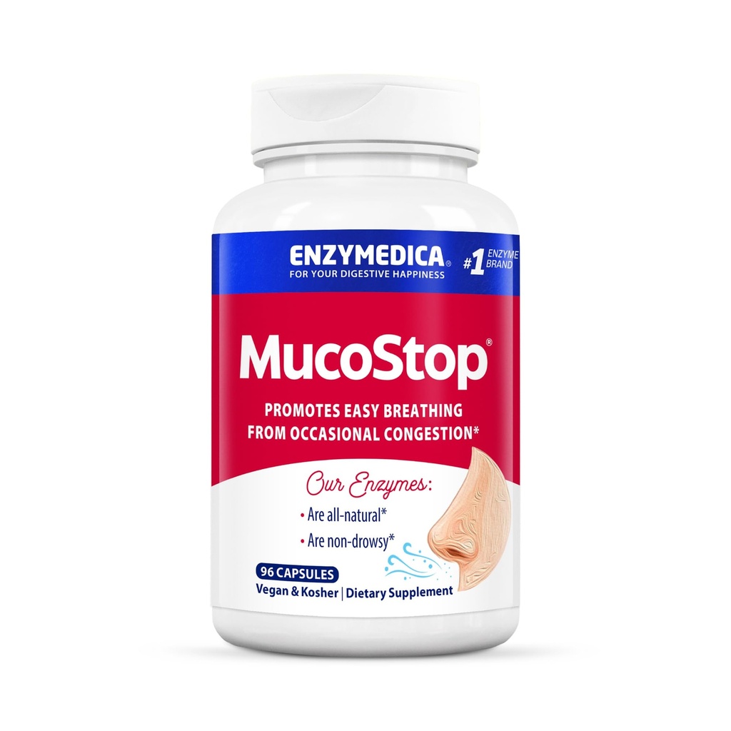 Enzymedica, MucoStop, Φυσικό συμπλήρωμα ενζύμων, Ανακουφίζει εποχιακή ή περιστασιακή συμφόρηση, υποστηρίζει εύκολη αναπνοή, 96 κόμης