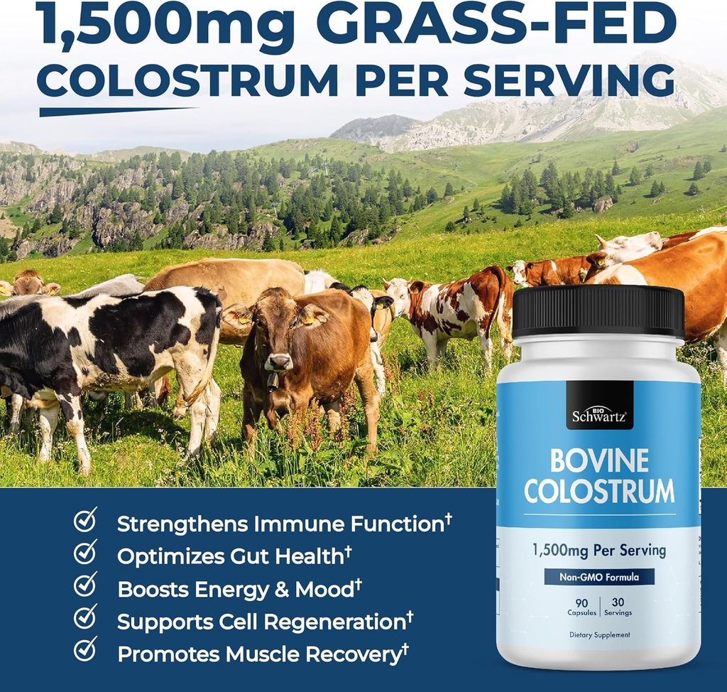 Colostrum Supplement Extra Strength 1500mg Per Serving - Grass Fed Colostrum Capsules from Bovine First Milking, Supports Gut Health and Immunity for Women and Men - Non-GMO, Gluten Free, 90 Count