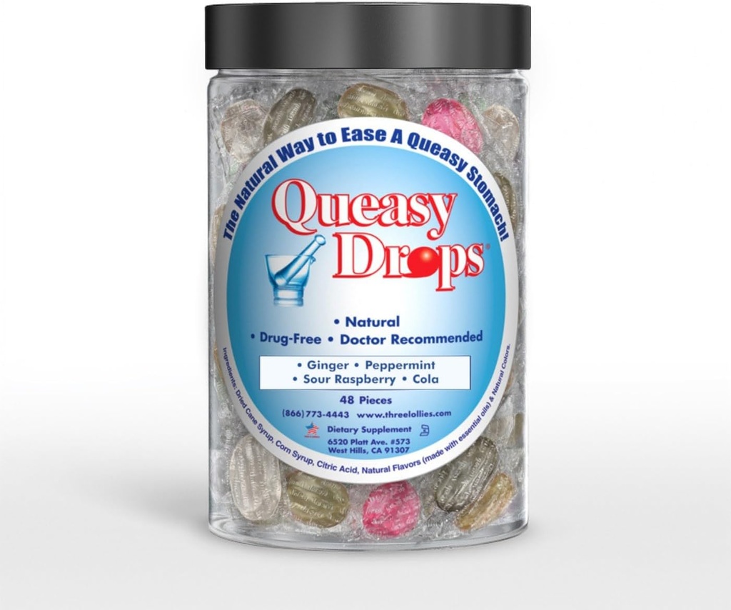 Τρία Lolies Queasy Drops-Υποστηρίζει την παροχή βοήθειας για την ασθένεια. Επίσης Εγκυμοσύνη & Πρωινή Αρωγή Ασθένειας. Στομάχι Εγκαταστάσεις Ποικίλες 48 Μετρήσεις