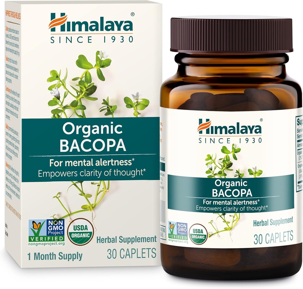 Himalaya Organic Bakopa - Bakopa Monnieri Βότανο Συμπληρώματα Εγκεφάλου για τη Μνήμη και την Υποστήριξη Εστίασης - USDA Organic, Vegan, Non-GMO, Gluten Free, 750 mg, 30 Caplets