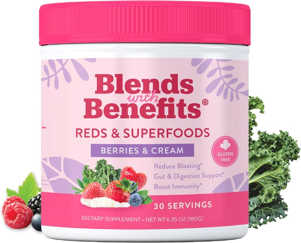 360 Nutrition Blends with Benefits Reds & Superfoods for Natural Antioxidants and Polyphenols, with Fruits & Veggies, Probiotics Digestion, Daily Energy - Berries & Cream - 30 Servings