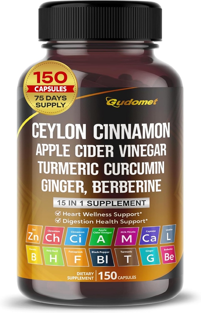 Ceylon Cinnamon Apple Cider Vinegar Turmeric Ginger Root Berberine Gymnema sylvestre Milk Thistle Licorice -150 Κάψουλες- Κατασκευασμένο στις ΗΠΑ