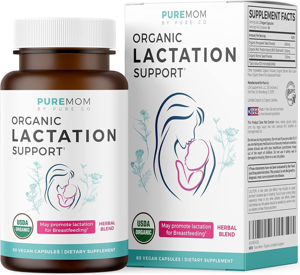 USDA Organic Lactation Supplement - Increase Milk Supply with Herbal Breastfeeding Support - Aid for Mothers - Organic: Fenugreek Seed, Fennel & Milk Thistle - 60 Vegan Capsules (No Pills or Cookies)