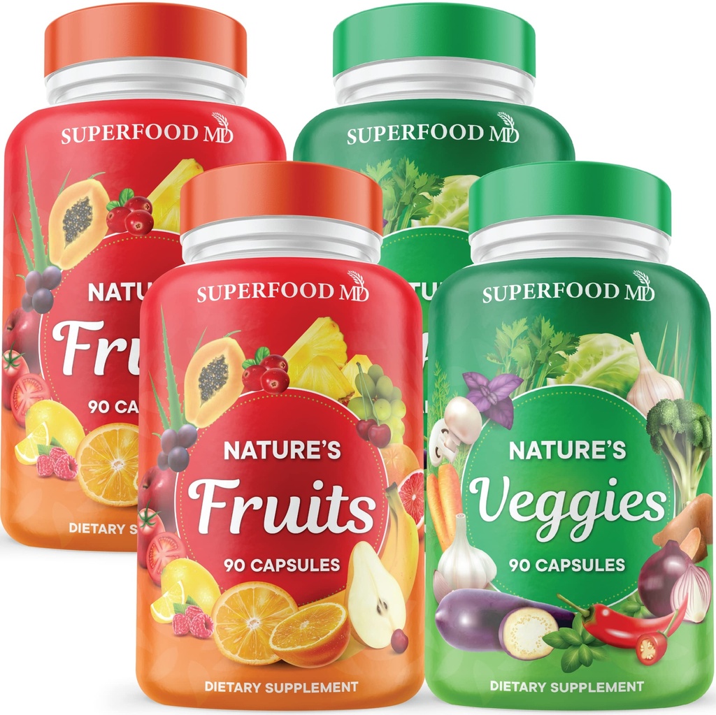 Superfood 180 Φρούτα και 180 Κάψουλες Veggie - Ολόκληρα τρόφιμα φυσικά Superfoods - Διατηρήστε τα επίπεδα ενέργειας, με Aloe Vera - Χωρίς σόγια (90 Count (Pack of 4)