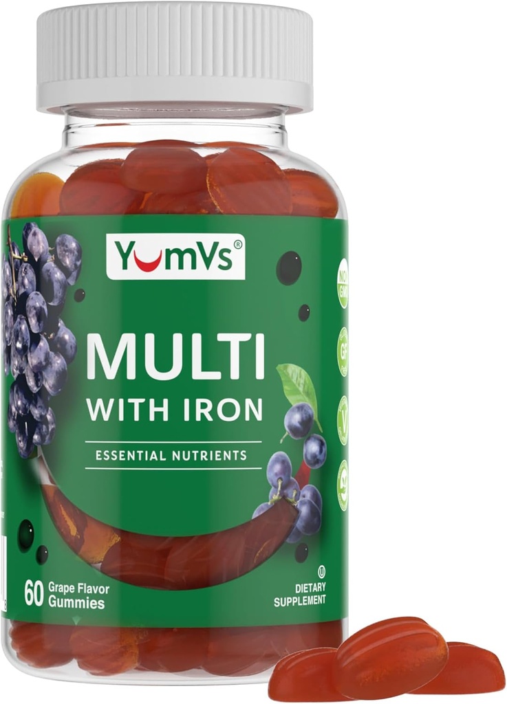 YUM-V'S Iron Gummies - Multivitamin Iron Supplement with Vitamin C, A, B & Zinc, Υποστηρίζει οξυγόνο αίματος, Vegan Συμπληρώματα για γυναίκες, άνδρες & παιδιά για την ανάπτυξη και την ανάπτυξη - Grape Flavor 
