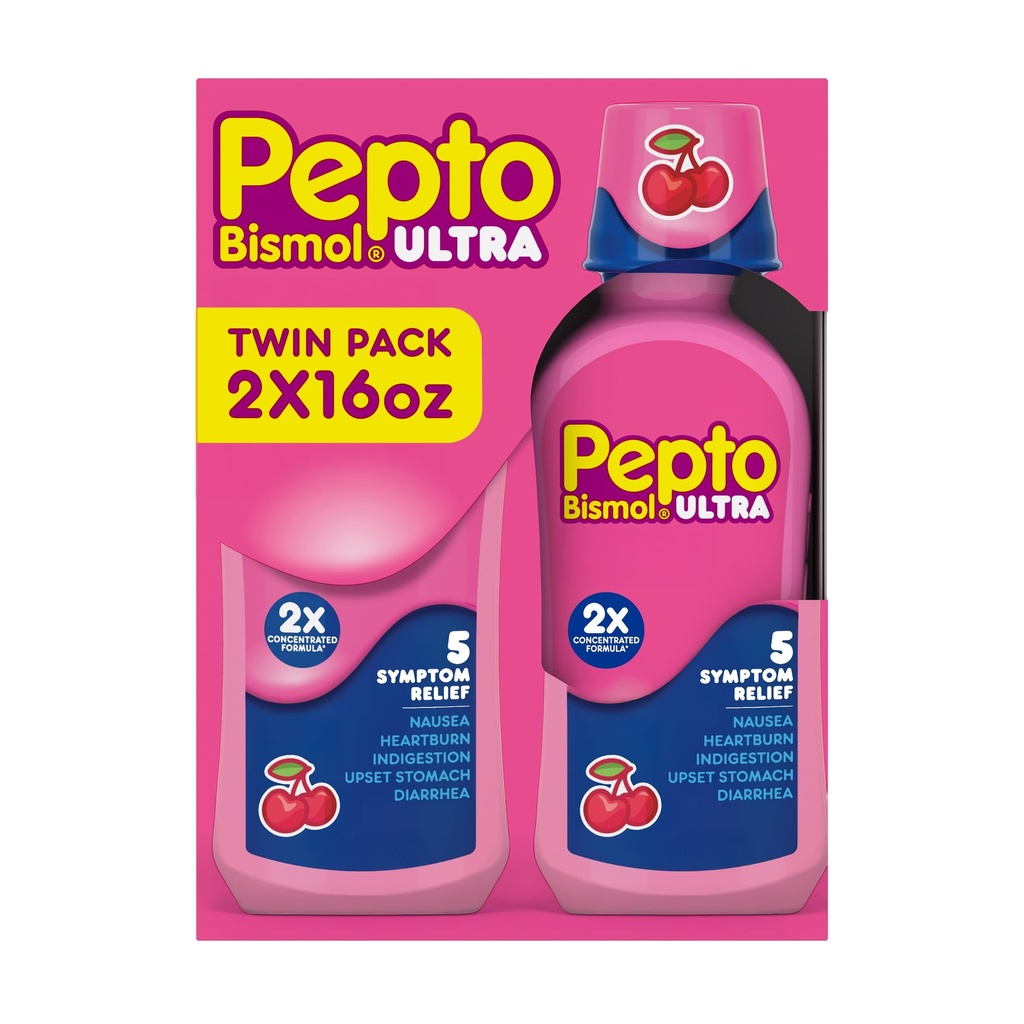 Pepto Bismol ULTRA Liquid for Nausea, Heartburn, Indigestion, Upset Stomach, and Diarrhea - 5 Symptom Fast Relief Medication for Adults, Cherry Flavor, 2x16 oz