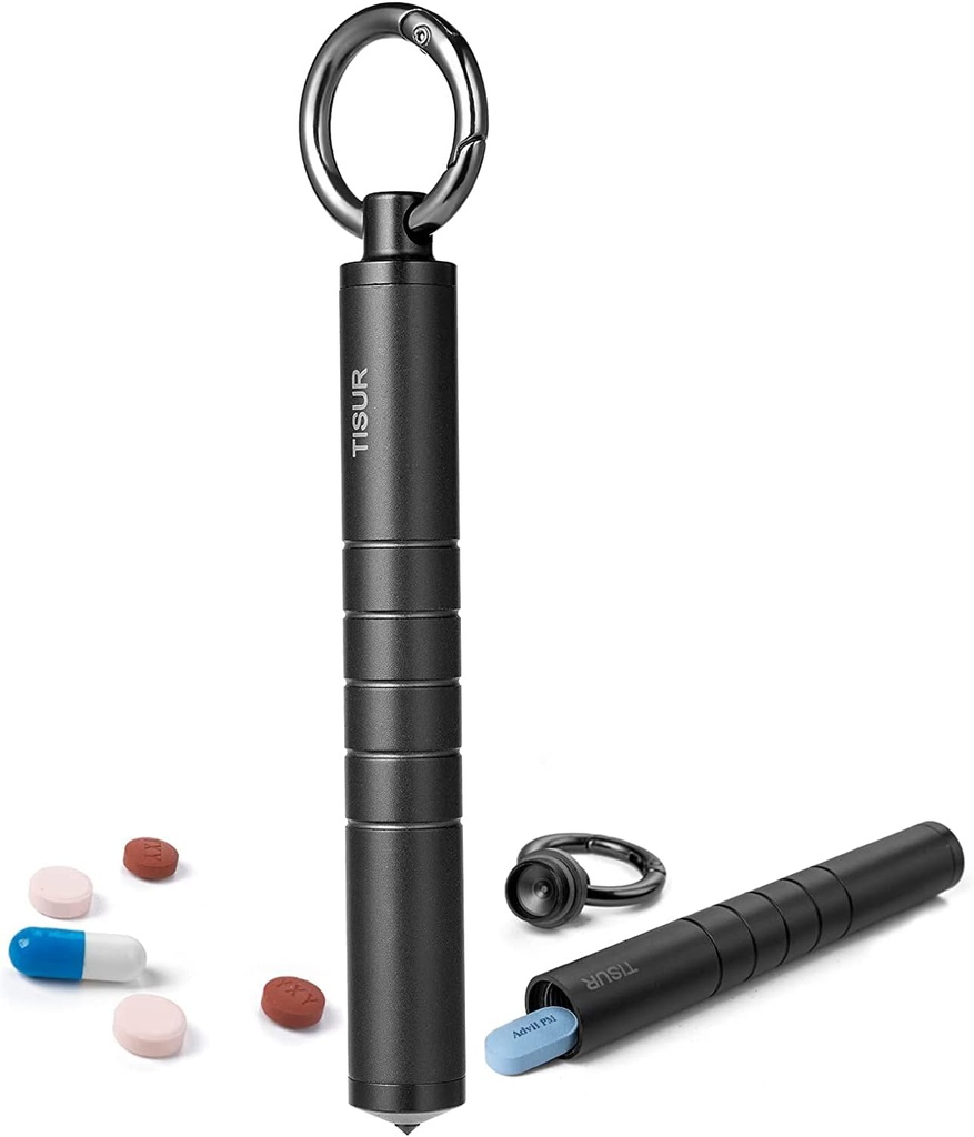 TISUR Μικρός οργανωτής χαπιών μετάλλων, Titanium Keychain Hipl Holder Travel Pill Box Case Multitool EDC Κάθε μέρα Carry for Men (Μαύρο Τιτάνιο)