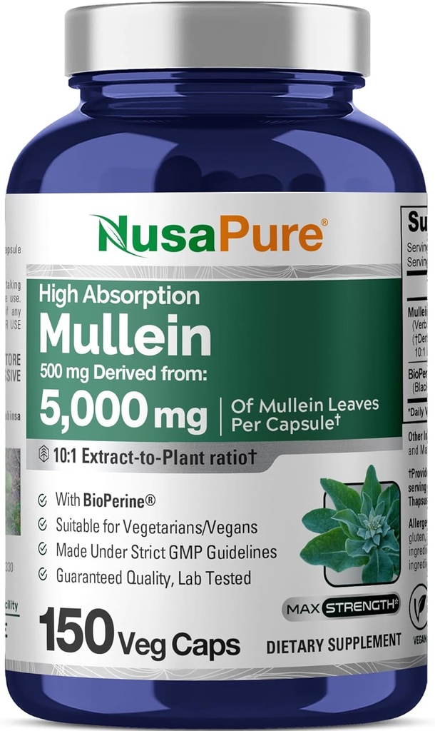 NusaPure Mullein Leaf Capses 10:1 Extract, 500 mg Ισοδύναμο με 5.000 mg ανά Veggie Caps - 150 Count - Verbascum Thapsus (Non-GMO, Vegan) Συμπλήρωμα διατροφής