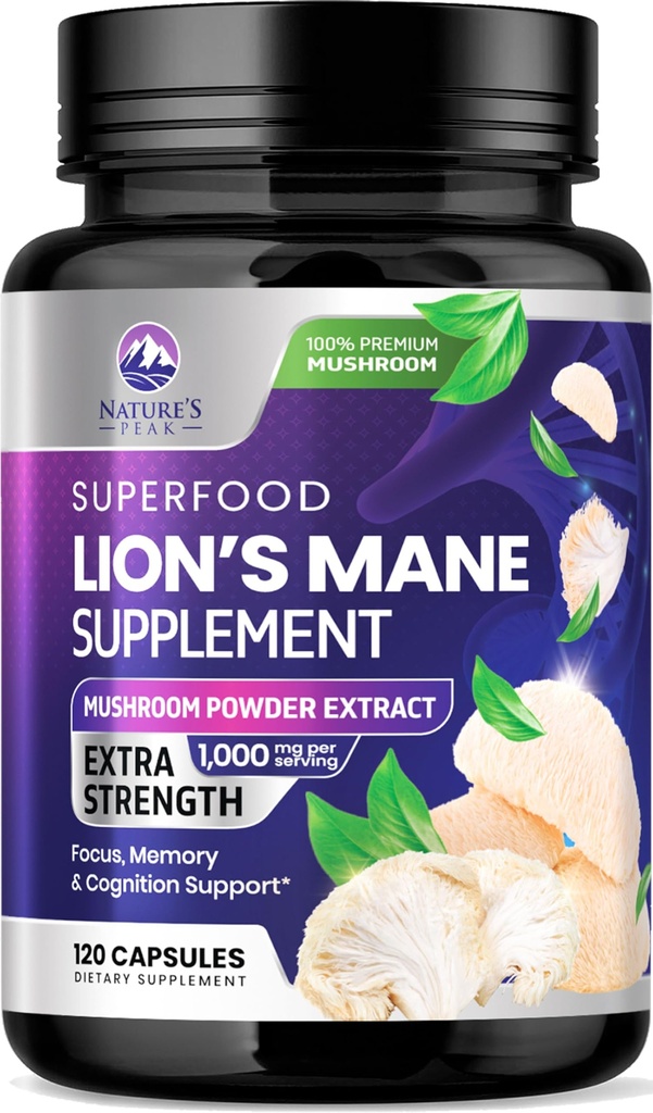 Κάψουλες Mane Mushroom 10.000mg - Κάψουλες συμπλήρωμα Mane Lion για την υποστήριξη μνήμης και εστίασης, εγκέφαλος, υποστήριξη ανοσοποιητικής υγείας, Vegan, Εμφιαλωμένο στις ΗΠΑ, εκχύλισμα σκόνης Lions Mane Mushroom, 120 Count