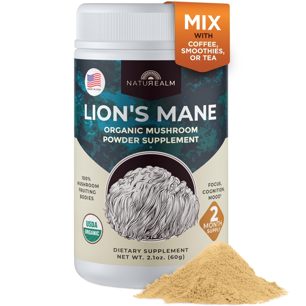 Naturealm Mane Mushroom σκόνη - οργανική υποστήριξη εγκεφάλου για την εστίαση ψυχική σαφήνεια μνήμης - μη ΓΤΟ Γνωστική λειτουργία - 60 εξυπηρετήσεις