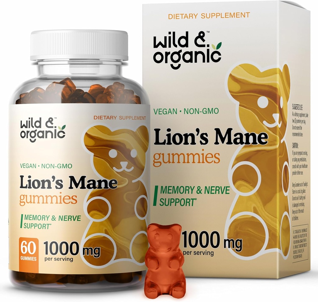 Wild & Organic Lions Mane Mushroom Gummies 1000mg - Φυσικό Mane Mushroom συμπλήρωμα Gummies - 60 μάσημα για την εστίαση και την ενέργεια του εγκεφάλου - Vegan, μη ΓΤΟ