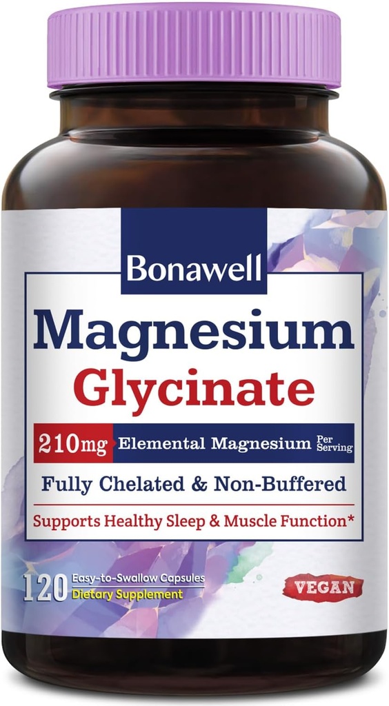 Bonawell Magnesium Glycinate, 210 mg Elemental Magnesium Per Serving, Fully Chelated & Non-Buffered, Supports Relaxation, Nerve, Muscle & Bone Health, 120 Vegan Capsules