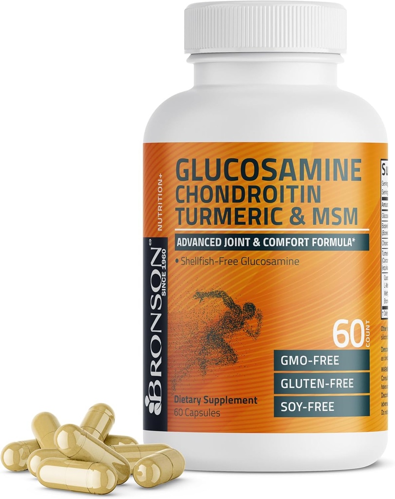 Bronson Glucosamine Chondroitin Turmeric & MSM Advanced Joint & Cartilage Formula, Υποστηρίζει υγιείς αρθρώσεις, Κινητικότητα & Cartilage - Μη ΓΤΟ, 60 κάψουλες