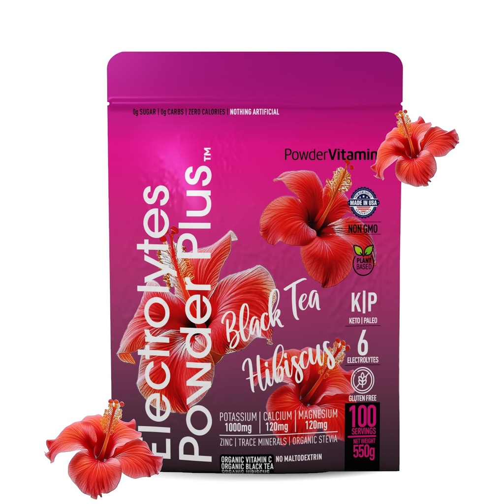 PowderVitamin Electrolytes Powder Plus (100 Servings) Black Tea Hibiscus Electrolyte Powder Keto, Sugar Free, Pink Himalayan Salt,1000mg Potassium,120mg Calcium,120mg Magnesium, Hydration Powder