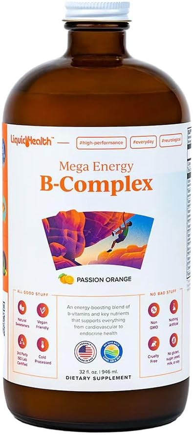 LIQUIDHEALTH Mega Energy methylated B-Complex, Adult Liquid Vitamin Supplement - Αυξήστε την ενέργεια, Ανακουφίστε το στρες & Κόπωση, Immune Support, Heart & Gut Health - Made in USA, Vegan, Sugar-Free (32 oz)