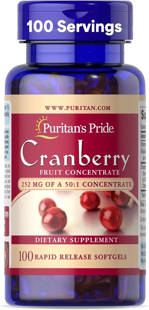Puritan's Pride Premium Cranberry Fruit Concentrate 252mg (12.600mg Ισοδύναμο) με Βιταμίνες C και E, Συμπλήρωμα διατροφής για την υποστήριξη ανοσοποιητικού συστήματος, 100 Rapid Release Softgels