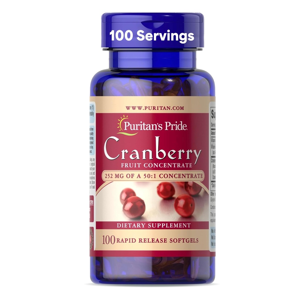 Puritan's Pride Premium Cranberry Fruit Concentrate 252mg (12.600mg Ισοδύναμο) με Βιταμίνες C και E, Συμπλήρωμα διατροφής για την υποστήριξη ανοσοποιητικού συστήματος, 100 Rapid Release Softgels