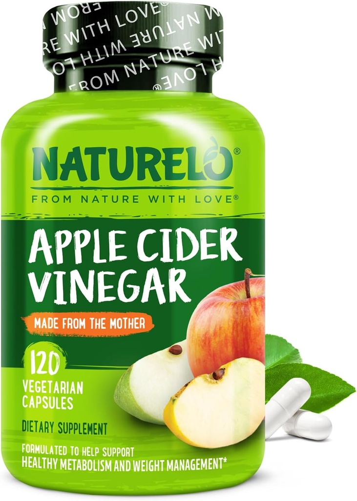 NATURELO Κάψουλες μηλίτη μήλου - Φυσικό ACV με συμπλήρωμα μητέρας για άνδρες και γυναίκες για το Detox, το Cleanse και τη διαχείριση βάρους - 120 κάψουλες Vegan