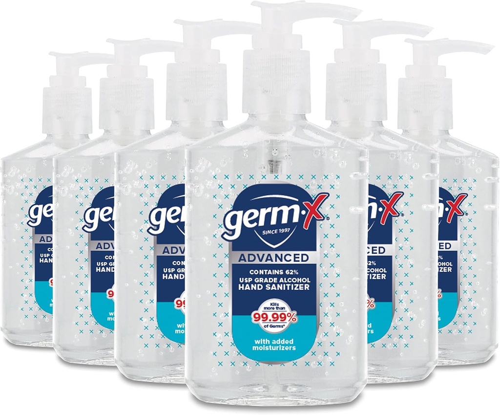 Germ-X Advanced Hand Sanitizer, μη αποξηρατικό Moisturizing Clear Gel, Instant και No Rinse Formula, Επιστροφή στο σχολείο Προμήθειες College, αντλία μπουκάλι, 8 Fl Oz (πακέτο του 6)