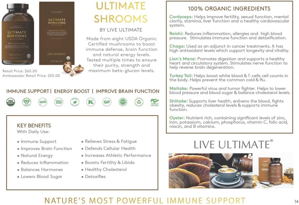 Live Ultimate Shrooms USDA Certified Whole Food Mushroom Extract Powder - 8 Organic Mushrooms Including Chaga, Cordyceps, and Reishi Mushroom Extract - Natural Energy, Immune Support and Detox