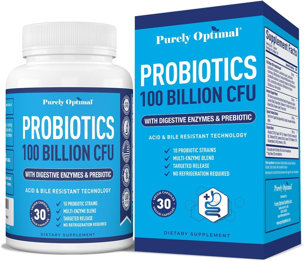 Purely Optimal Premium Probiotics (Various Types) w/Organic Prebiotics & Digestive Enzymes (30 Count (Pack of 1), 100 Billion CFU)